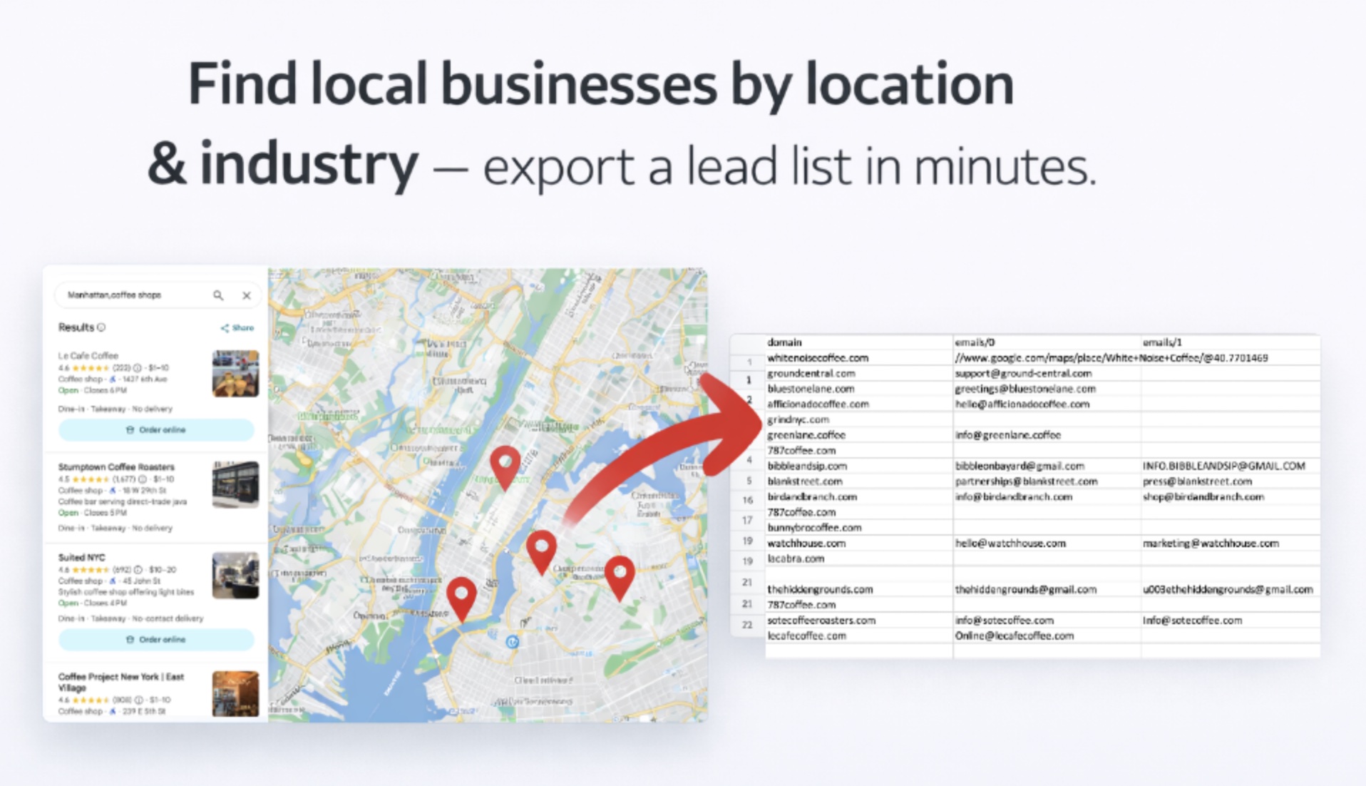 Find local businesses by location and industry - export a lead list in minutes